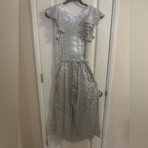 GB Girls White jumpsuit with Silver Sequins